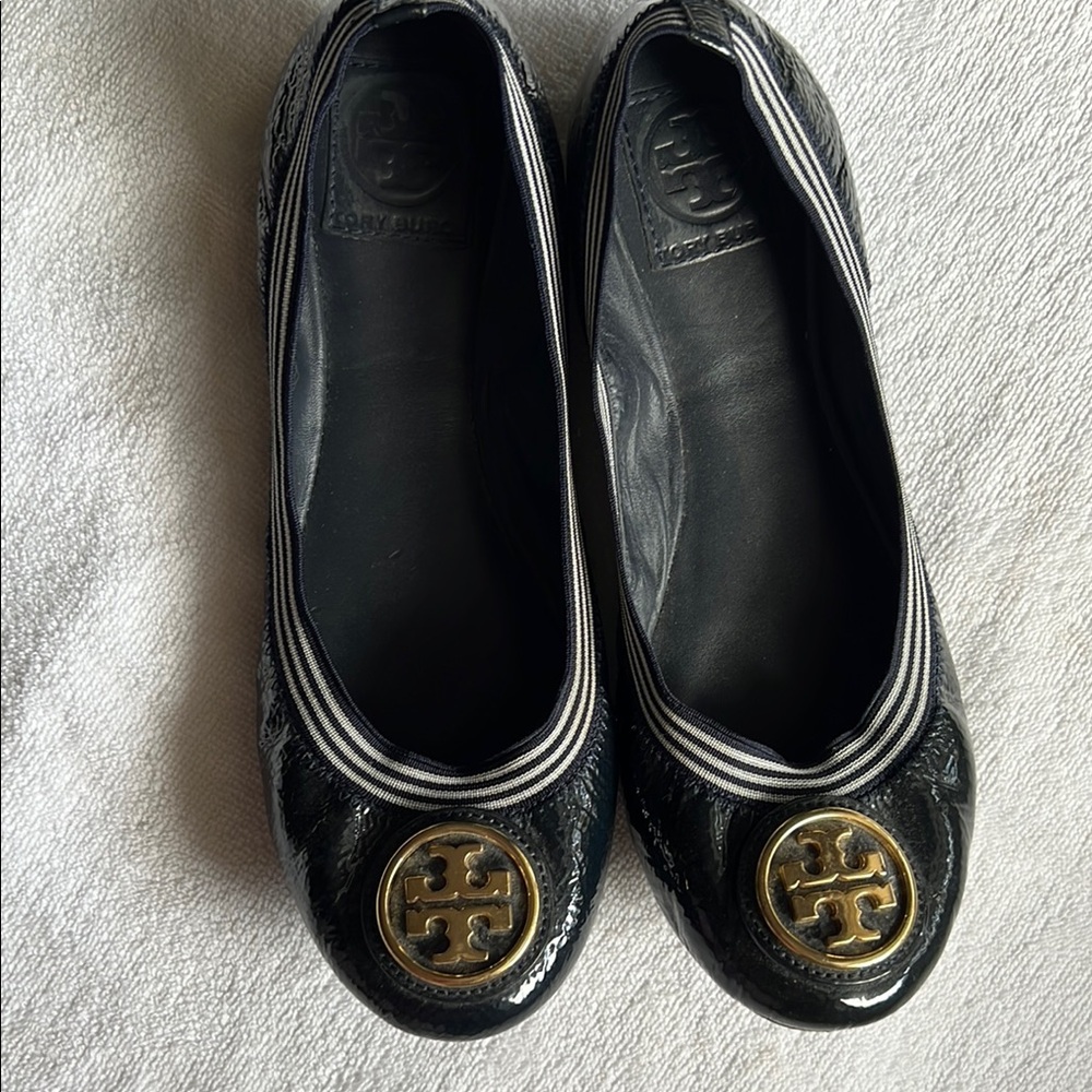 Tory Burch Black Patent Flats with Gold Logo
